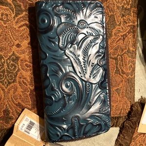 Patricia Nash Teal/brown leather clutch